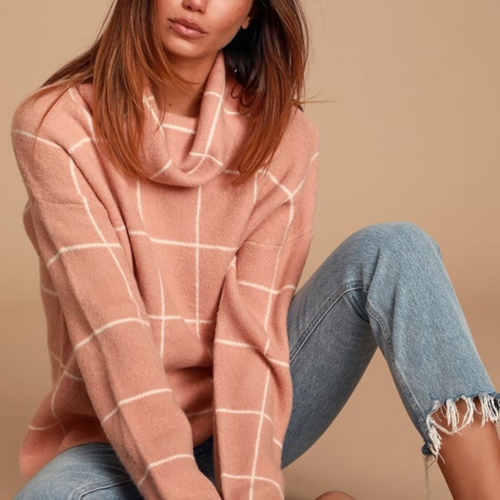 Lulus Emira Blush Pink and White Cowl Neck Knit Sweater Small